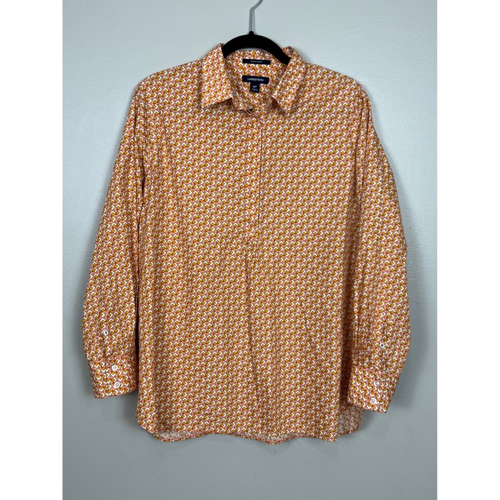 Lands End No Iron Supima Cotton Shirt 16P Pink Orange Geometric Button Down